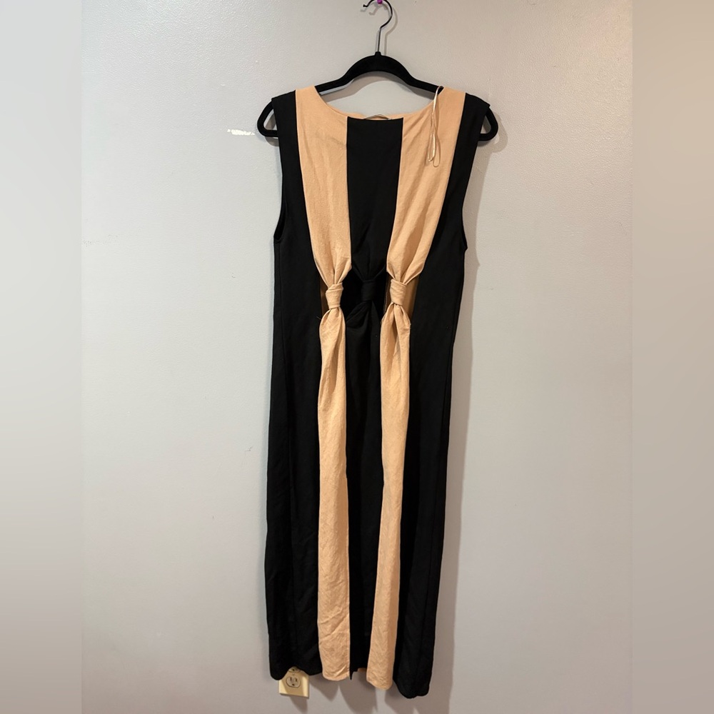Zara Black and Tan Midi Dress with Knotted Detail